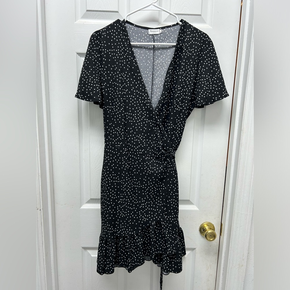 Naggoo Black dress small white polka dots wrap dress size large with ribbon btm